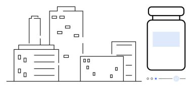 Büyük bir ilaç şişesinin yanında yüksek binaları olan şehir manzarası. Sağlık, kentsel planlama, emlak, eczacılık, modern yaşam, şehir hayatı, minimalizm için idealdir. Satır metaforu