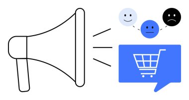 Bir konuşma balonuna doğru megafon yansıtma sesi alışveriş arabası ikonu ile, çeşitli duygular gösteren simgelerle çevrili. Pazarlama, müşteri geribildirimi, e-ticaret, sosyal medya için ideal