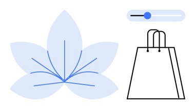 Açık mavi soyut çiçek, alışveriş poşeti ikonu ve ayarlanabilir kaydırıcı. E-ticaret, doğa ürünleri, mobil uygulamalar, grafik tasarımı, sağlık yaşam tarzı markalaşması için ideal. Çizgi