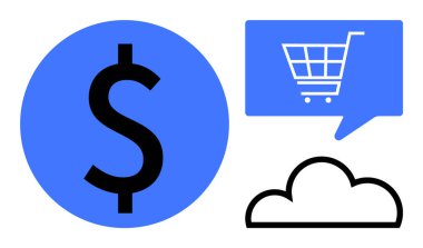 Mavi dairenin içinde dolar işareti, konuşma balonunda alışveriş arabası, bulut simgesi. Çevrimiçi alışveriş, e-ticaret platformları, dijital ödemeler, bulut hizmetleri, perakende pazarlama, finansal
