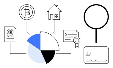 Bitcoin, ev, büyüteç, kart ve sertifikalarla bağlantılı turta grafiği. Finans, yatırım, bankacılık, gayrımenkul kripto para birimi veri analizi ve kredi konuları için ideal. Satır metaforu