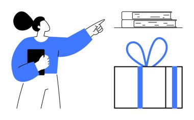 Elinde tablet olan bir kadın istiflenmiş kitapları ve bağlı hediye kutusunu işaret ediyor. Eğitim, öğrenme, hediyeler, kutlamalar, tatiller, bilgi paylaşımı ve çevrimiçi kurslar için idealdir. Satır metaforu