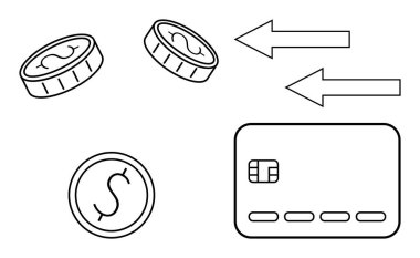 Dolar işaretli paralar, kredi kartı ve dijital para transferini sembolize eden çift yönlü oklar. Çevrimiçi ödemeler, e-ticaret işlemleri, mali teknoloji, bankacılık, para değişimi için ideal