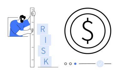 RİSK etiketli blok yığınını bir dolar işaretli büyük sikkenin yanında ölçen adam. Finans, risk yönetimi, yatırım stratejileri, maliyet analizi, mali planlama, iş tahminleri için ideal