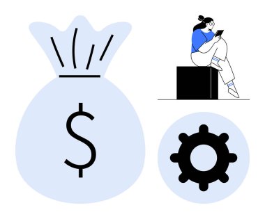 Akıllı telefon kullanan bir kadın, büyük bir para çantası ile bir dolar işareti ve vites simgesi sergiliyor. Finans, üretkenlik, iş, teknoloji, bankacılık, yatırımlar, kişisel