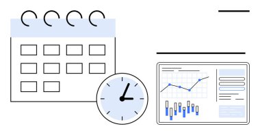 Tarihli takvim, saati gösteren saat, çizelgeli analiz paneli ve veri görselleştirmesi. Proje planlama, verimlilik, toplantılar, zaman izleme, iş analizi için ideal