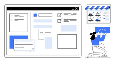 Web geliştiricisi kodlama paneli, tablet görüntüleme çevrimiçi depolama düzeni, çeşitli arayüz ögeleri ile diz çöküyor. Web geliştirme, e-ticaret, uygulama tasarımı, UXUI, kodlama, çevrimiçi iş için ideal