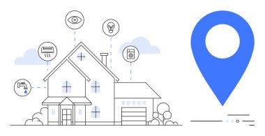 House with icons representing smart home devices thumbs up lights, cameras, thermostat, washing machine, socket, and appliance. Large blue location pin on the right. Ideal for technology, navigation clipart