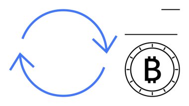 Bir Bitcoin simgesinin yanında değişim sürecini gösteren dairesel bir ok. Finans, kripto para birimi, engelleme zinciri, dijital işlemler, fintech, çevrimiçi ödemeler, finansal teknoloji için ideal. Çizgi