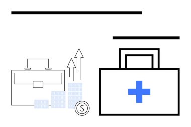 Evrak çantası ve istiflenmiş madeni paralar, yükselen oklarla finansal büyümeyi, mavi haçlı sağlık çantasını temsil ediyor. Ticari büyüme, yatırım, başarı, sağlık, mali planlama için ideal