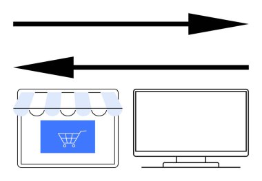 Çevrimiçi bir mağazanın üzerinde zıt yönlerde iki ok ve boş bir monitör. E-ticaret, dijital pazarlama, çevrimiçi alışveriş, web tasarımı, internet sektörü, dijital iletişim için ideal
