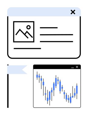 Resim küçük resmi, metin satırları, bayrak ve borsa grafiği olan tarayıcı penceresi. İnternet sitesi tasarımı, çevrimiçi içerik, borsa, finansal tahminler, iş analitiği eğitimi için ideal. Çizgi
