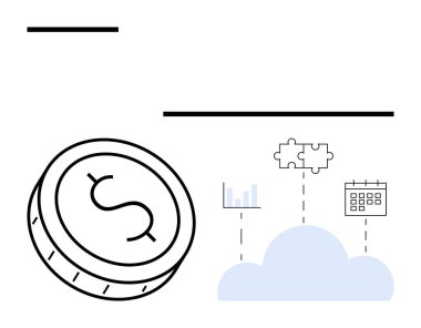 Çubuk çizelgesine, bulmaca parçalarına ve takvime bağlı dolar sembollü sikke. Finans, dijital dönüşüm, bulut hesaplama, iş planlaması, veri entegrasyonu, mali