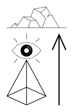 Göz, piramit, dağ ve ok gibi geometrik şekiller. Kalın çizgiler ve soyut tasarım. Görüş, büyüme, yön berraklığı, başarı farkındalık ve keşif konuları için idealdir. Çizgi