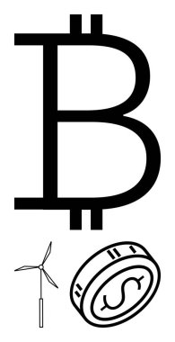 Büyük Bitcoin sembolü altında rüzgar türbini ve dolar madeni para var. Yenilenebilir enerji, dijital para birimi, mali eğilimler, çevre dostu yatırımlar, fintech, ekonomik büyüme, sürdürülebilirlik için ideal