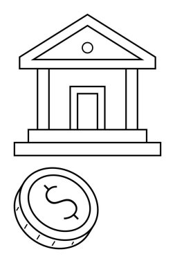 Sütunları ve ön girişi olan bir banka binası ve yanında bir dolar işareti olan bir bozuk para. Finans, bankacılık, yatırımlar, para yönetimi, ekonomik büyüme, finans kurumları, tasarruflar için ideal. Çizgi