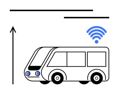 Kablosuz sembol okuna sahip otonom otobüs ileri hareketi simgeler. Akıllı şehir, teknoloji, yenilik, ulaşım, bağlantı, gelecekteki hareketlilik, dijital dönüşüm için idealdir. Satır metaforu
