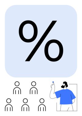 Büyük yüzde işareti. Aşağıda, mavi keçeli kalem tutan daha büyük bir kişinin olduğu beş basit müşteri simgesi var. İndirim, müşteri analizi, eğitim, iş stratejisi, istatistik ve pazar için ideal