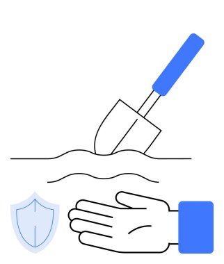 Maça kazma alanı, mavi kollu el ve kalkan sembolü. Bahçe işleri, güvenlik, destek, koruma, büyüme güvenliği ve bakım kavramları için idealdir. Satır metaforu