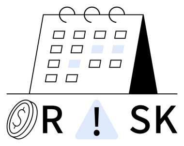 Dolar sikkeli takvim, ünlem üçgeni ve RISK harfli. Mali planlama, risk yönetimi, karar verme, iş stratejisi, yatırım analizi, ekonomik tahminler için ideal