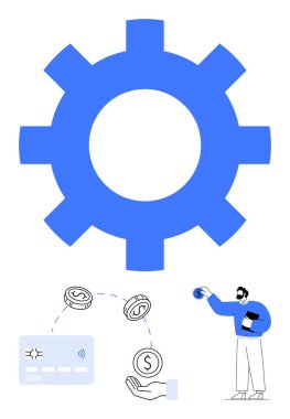 Büyük mavi dişli, bozuk para, kredi kartı, el ve dolar sembollü kişi. Finans, bankacılık, yatırımlar, çevrimiçi işlemler işletme işletmeleri finansal teknoloji stratejileri için idealdir.