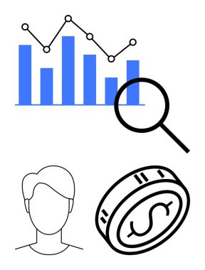 Çizgi ve çizgi grafiği, büyüteç, dolar işaretli para ve kullanıcı profili. Finans, işletme, veri analizi, yatırım istatistikleri piyasa araştırmaları ekonomik büyüme için idealdir. Satır metaforu