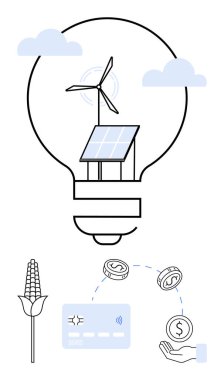 Rüzgâr türbini ve bulutlu güneş paneli içeren ampul. Aşağıda, mısır, kredi kartı ve el yapımı bozuk paralar. Temiz enerji, sürdürülebilirlik ve tarımsal yenilikler için ideal