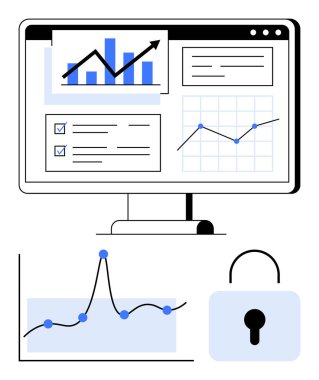 Bilgisayar monitörü, güvenlik kilidi simgesinin yanında grafikler, listeler ve çizelgeler gösteriyor. Veri analizi, siber güvenlik, iş büyümesi, dijital güvenlik, finansal analizler ve teknoloji için ideal