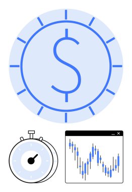 Dairesel saat içinde büyük mavi dolar işareti, siyah beyaz kronometre ve mavi bir finansal tablo. Finansal planlama, yatırım, zaman yönetimi, ticaret, ekonomik tahminler için ideal