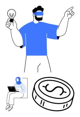 VR kulaklıklı bir iş adamı elinde ampul, dizüstü bilgisayarda çalışan bir işçi ve dolar işareti olan bir bozuk para tutarken. Teknoloji için ideal, ticari yenilik, uzak çalışma, finans, işbirliği, sanal