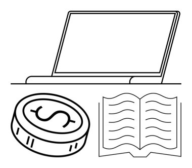 Dizüstü bilgisayar, bozuk para ve açık kitap. Çevrimiçi eğitim, e-ticaret, finansal okur yazarlık, dijital para birimi, uzaktan öğrenim çevrimiçi iş eğitimi için idealdir. Satır metaforu