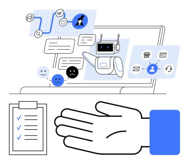 Yapay zeka sohbet robotu, dijital sohbet balonları, insanların ikonları, sohbet, e-posta ve alışveriş. Müşteri hizmetleri, otomasyon iletişimi iş teknolojisi verimliliği için ideal. Çizgi