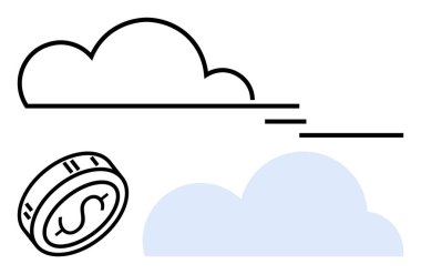 İki bulut şeklinin yanında para sembollü stilize bozuk para, biri ana hatlı, biri mavi. Finans, bulut depolama, çevrimiçi işlemler, dijital ekonomi, sanal tasarruflar, fintech, modern