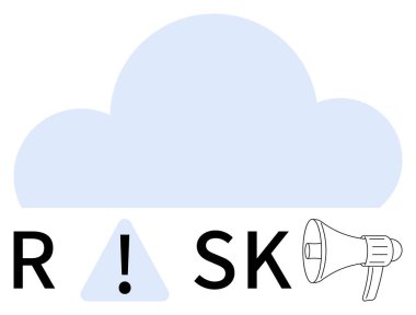 R ve SK harflerinin üzerindeki bulut simgesi üçgen ünlem işareti ve RISK kelimesini oluşturan megafon. Veri güvenliği, risk yönetimi, alarmlar, iletişim ve bulut hesaplama için ideal