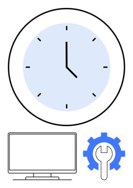 Siyah elli beyaz saat 200 'ü gösteriyor, boş bilgisayar monitörü ve ingiliz anahtarı olan mavi dişli. Zaman yönetimi, teknik destek, üretkenlik, bilişim hizmetleri, bakım, yazılım mühendisliği için ideal