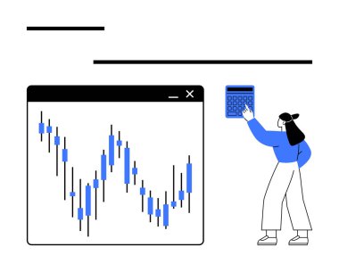 Finansal analist, borsa şamdan tablosunu incelerken hesap makinesi kullanıyor. Finans, yatırım, ekonomik çalışmalar, iş stratejisi, piyasa araştırması, ticaret ve tahmin için ideal. Çizgi