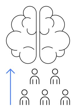 Four people icons blue upward arrow, large brain icon. Ideal for teamwork, collaboration, growth, innovation, learning, brainstorming, community. Line metaphor clipart