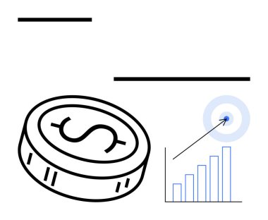 Dolar işaretli bozuk para, yükselen eğilimi gösteren ölçü çubuğu grafiği ve hedefi vuran bir ok. Finans, iş büyümesi, yatırım, pazarlama, strateji ekonomik başarı için ideal. Satır metaforu