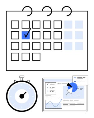 İşaretli tarih kronometresi ve çizelgeli analitik paneli olan takvim. Üretkenlik, planlama, zaman yönetimi, teslim tarihleri, veri takibi, organizasyon, programlama için ideal. Satır metaforu