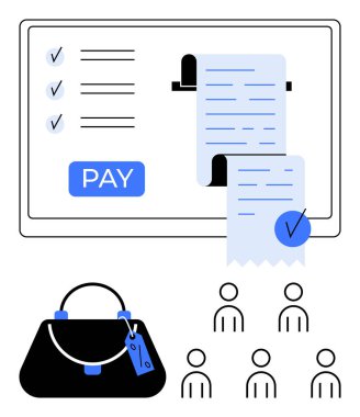 Dijital makbuz yazıcı ödeme düğmesi, ekrandaki kontrol listesi ve siyah el çantası. Aşağıdaki sadeleştirilmiş insan sembolleri. E-ticaret, çevrimiçi alışveriş, ödemeler, perakende, finans, tüketici malları için ideal