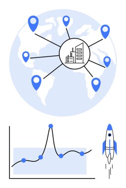 Merkezi bir iş simgesine bağlı konum işaretleyicileri olan dünya haritası, trend çizgisi ve roket grafiği. Küreselleşme, iş büyümesi, ağ oluşturma, analitik, başarı ve yenilik için ideal