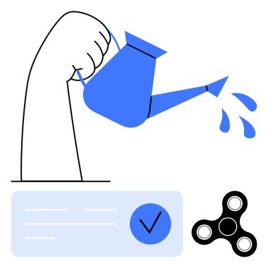 Mavi işaretli ve siyah kıvrımlı belgeye bitişik mavi sulama kutusundan su döküyor. Üretkenlik, bahçıvanlık, büyüme, görev tamamlama, iş-yaşam dengesi, stres giderme için ideal