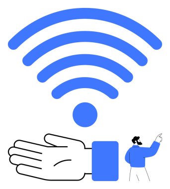 Uzatılmış el, mavi kablosuz sembol ve işaret eden kişi. Teknoloji, bağlantı, iletişim, internet erişimi, dijital sosyal yardım desteği için ideal. Satır metaforu