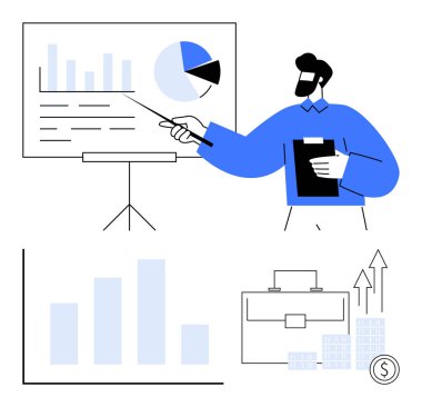 Pano puanları sunum tahtasında yer alan bir iş adamı. İş stratejisi, finansal planlama, piyasa araştırması, takım çalışması, büyüme analizi, eğitim, koçluk için ideal. Çizgi