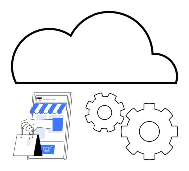 Akıllı telefon mağazası, alışveriş çantası, büyük bulut, iki vites. Çevrimiçi alışveriş, bulut hesaplama, otomasyon, sistem entegrasyonu, teknoloji hizmetleri, bilişim yönetimi iş verimliliği için ideal