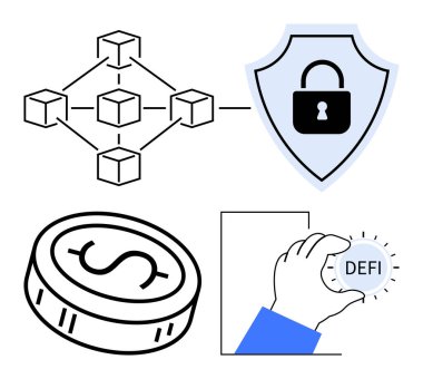 Küplerle bağlantı engelleme ağı, kilitli güvenlik kalkanı, kripto para, el ele tutuşan DEFI madeni para. Finans, teknoloji, güvenlik, kripto para birimi, engelleme fintech için ideal