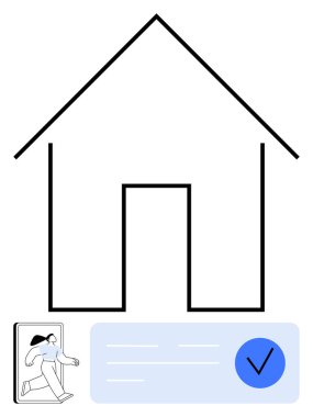 Açık kapısı olan büyük bir ev çizgisi, akıllı telefon ekranında çalışan bir kadın, açık mavi kutuda mavi işaretli. Akıllı ev, güvenlik sistemleri, mobil uygulamalar, kimlik doğrulama, teknoloji, güvenlik için ideal