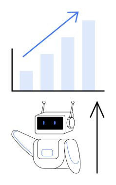 Yükselen çubuklar ve yukarı doğru ok ile çubuk grafiğini gösteren gelecekçi robot. Teknoloji, yapay zeka, veri analizi, iş büyümesi, ilerleme takibi, fütüristik kavramlar ve başarı için ideal. Satır metaforu