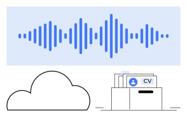 Ses dalgası, bulut depolama simgesi, dijital CV depolama dizini. Teknoloji, adam toplama, bulut hizmetleri, dijital depolama, ses işleme veri yönetimi yeniliği için ideal. Satır metaforu