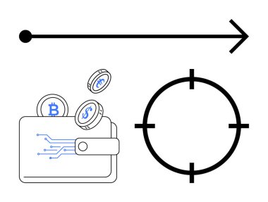 Şifreli paraları olan dijital cüzdan, kalın siyah ok ve hedef simgesi. Finansal teknoloji için ideal, çevrimiçi ödemeler, dijital para birimleri, yatırım stratejileri, mali büyüme